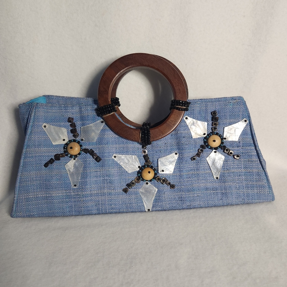 Cloth Clutch Handbag With Wooden Handles And Convenient Magnetic Snap Closure